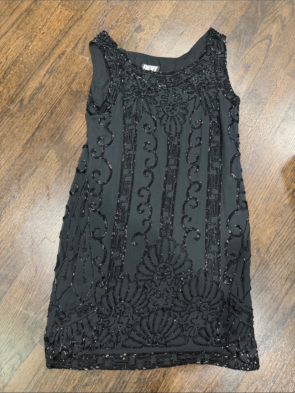 Vintage 1990s Y2K DKNY Black Beaded Sleeveless Shift Dress with Art Deco beads
